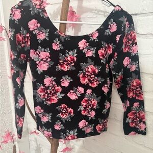 H&M Black Long-Sleeve Scoop Neck Top with Pink Floral Print